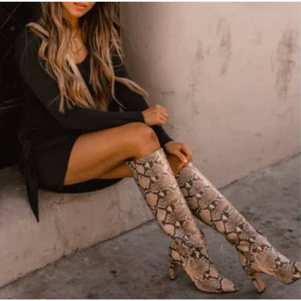 Women's Brandee Knee High Heeled Fashion Boots - Snake Size 6/A New Day Taupe - Picture 2 of 9